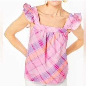 Lilly Pulitzer Pastel Plaid Ruffle sleeve tank, size Large